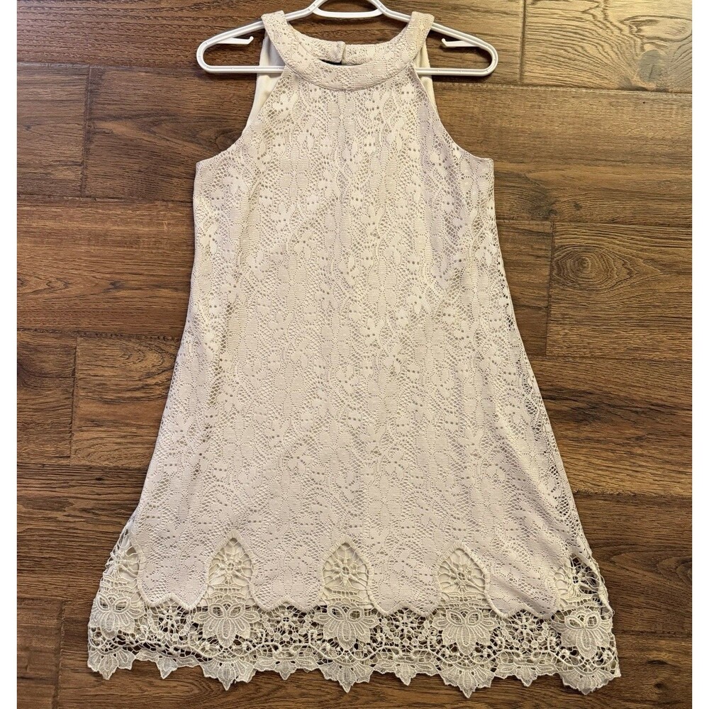 Roxberi Lace Shift Dress Small Beige Sleeveless Crochet Hem Boho Lined